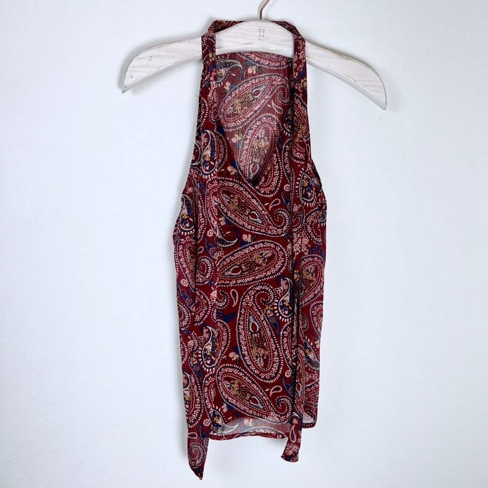 Crescent & Willough Sleeveless Tank Top Maroon Metallic Paislely Tie Neck Blouse